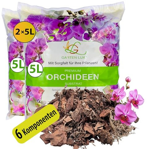 Garten Lux Premium Orchideenerde 10 Liter-6-Komponenten Orchideensubstrat für gesundes Wachstum und optimale Pflege Ihrer Orchideenpflanzen-Substrat für alle Orchideenarten