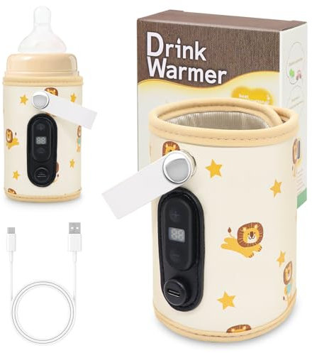 Herbst Flaschenwärmer Baby Unterwegs, Tragbarer Fläschchenwärmer Baby Kann erhitzt werden, Flaschenwärmer Unterwegs mit 5 Einstellbare Temperatur, Flaschenwärmer für Unterwegs Tragbarer(Löwe)
