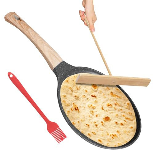 WANDGU 20cm Padella per Crepes: Padella per Crepes induzione, Crepiera con Distributore di Impasti, Teglia per Pancake con Stendiimpasto e Paletta in Legno, Rivestimento Antiaderente per Fornelli