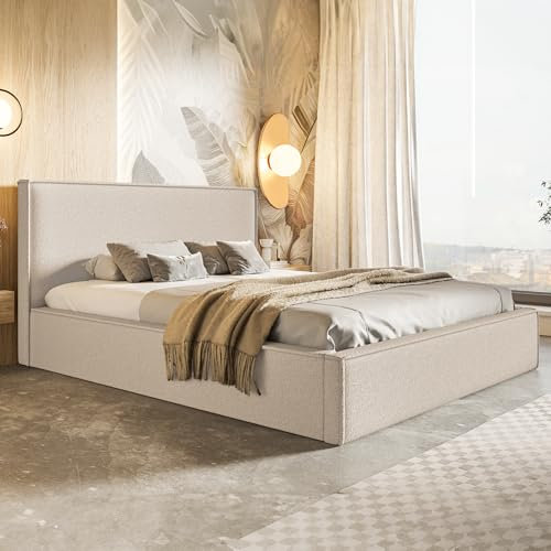 MOTIVENA Boho Polsterbett 120x200 mit Bettkasten, mit Stauraum, Bett Kopfteil Boucle, Matratze H3/H4, Bett Boucle, Beige
