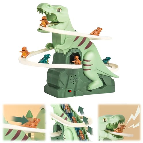 Dinosaur Chasing Race Track Slide Toy Electric Dinosaur Climbing Slide Toy with Light and Music for Toddler Kids