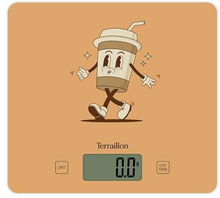 TERRAILLON - T1040 RETRO SMOOTHIE- Balance de cusine électronique, Plateau verre, Capacité 3 kg, Graduation 1g, Tare, Conversions Liquides, Ultra-Fine et compacte - Ecran LCD - Rétro Smoothie
