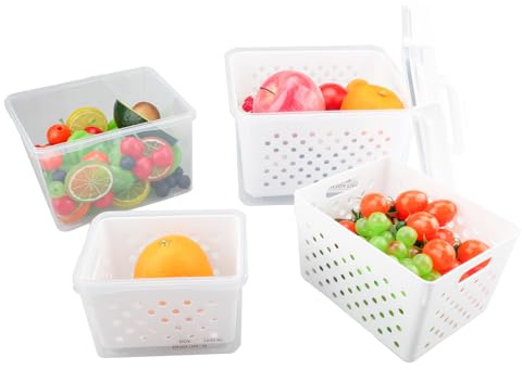 SenaiMy Fresh Food Storage Containers for Fridge Organisers 3 Pack Plastic Storage Box with Lids Airtight and Filter Basket Keep Fresh for Fruit Salad Vegetable, White(4.4L+2.4L+1L)
