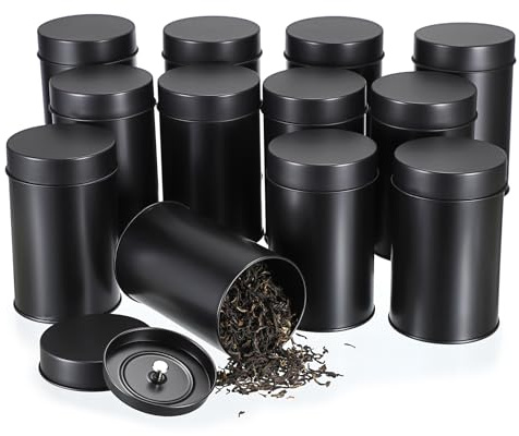SUMTree 12 Stück Kleine Runde Teedosen Vorratsdosen für losen Tee Teebehälter mit Luftdichten Doppeldeckeln Schwarz Aufbewahrungsboxen für Gewürze, Kräuter, Zucker Vielseitig Geschenk für Teeliebhaber