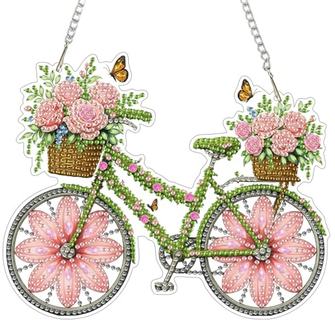 MEIYUDA 5D Diamond Painting Anhänger Erwachsene Blume mit Fahrrad, Sonnenfänger Diamond Painting Set Fensterbilder, Lichtfanger Bilder Bastelset Erwachsene Kinder Malerei für Home Wand Décor