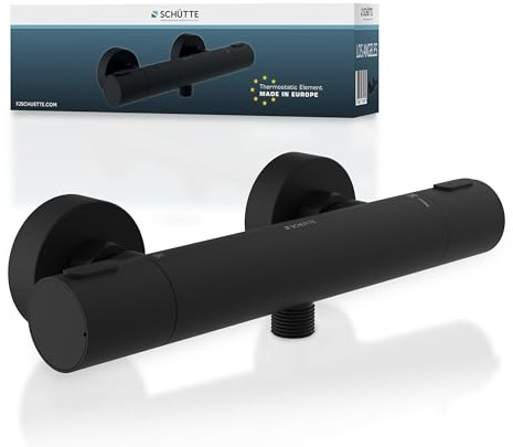 SCHÜTTE 33186 Los Angeles Thermostat Duscharmatur, Brausethermostat Brausearmatur, Mischbatterie mit Verbrühschutz bei 38℃, Duschthermostat, Armatur für Dusche in Schwarz
