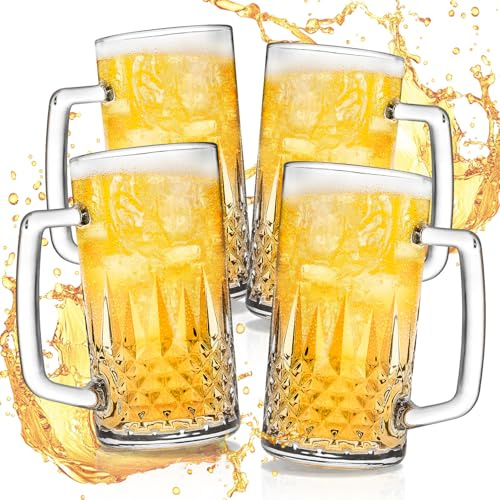 Cambareign Bierkrug 0,5 liter, 4er Set Biergläser mit Henkel, Glas Bierkrüge für Gefrierschrank, Geschenke für Männer
