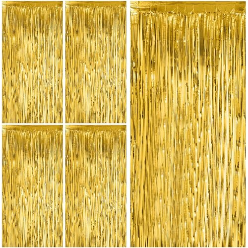 Gigmeta Lametta Vorhang 5 Stück Glitzervorhang Lametta, Glitzer Party Vorhang, Folien Fransen Hintergrund fur Party Deko Geburtstagsdeko Hochzeit Festivals Bühnendekor Weihnachten - Gold 1m x 2m