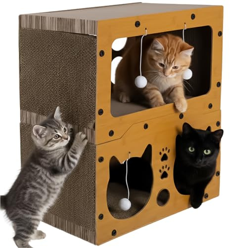 Purlov Casa rascador para gatos 3 en 1 con 2 niveles – HDF y cartón ondulado extra sólido, muebles para rascar y cama para 1 – 2 gatos, 4 pelotas de juego, estable y antideslizante, 51,5 × 45,5 × 28