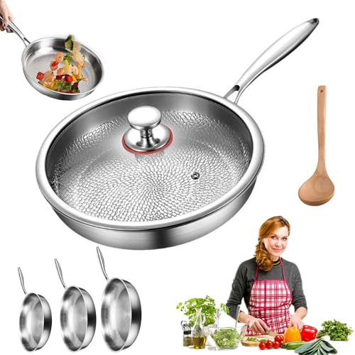Gienslru 26/28/30cm Padella In Titanio Puro, Padella Titanio Martellato Senza Rivestimento, Lavabile In Lavastoviglie, Fino a 750 °F, Funziona Su Ogni Piano Cottura (Con coperchio, 26cm)