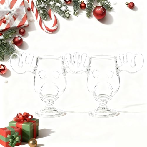 OKESYO 2025 New Christmas Vacation Moose Mugs, 2Pcs Christmas Eggnog Moose Mug, Moose Glass, Clear Coffee Mugs Gifts for Family Friends Party, 240ml