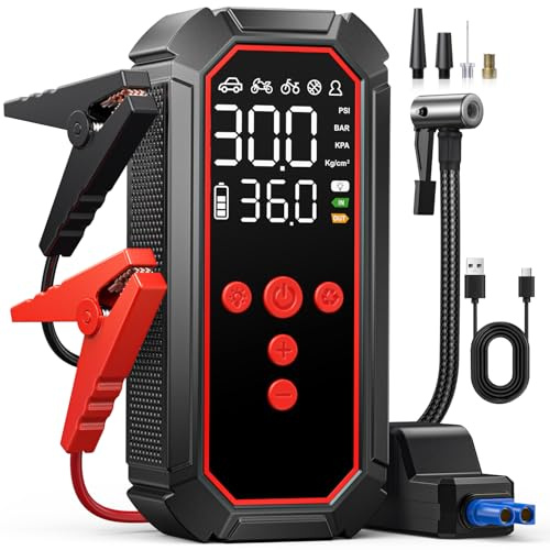 Fshyos Jump Starter Power Pack With Air Compressor,150 PSI Tyre Inflator for 12V car Battery Booster Jump Starter(all Gas/10L Diesel) and Motorcycles, Jump Pack With Power Bank LED Light & Jump Leads