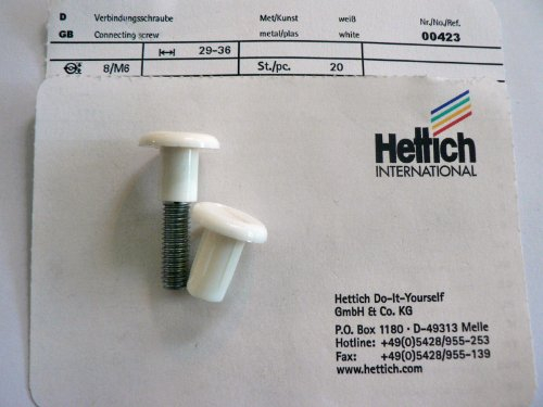 Hettich Verbindungsschraube Kunststoff/Metall weiß, Ø 8 mm, M6, 29-36 mm, 20 Stück, Artikelnr. 423