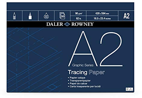 Daler-Rowney Graphic Series, Tracing Paper, Smooth Surface, 90 gsm, 62lb, Pad, Glued 1 Side, A2 - 16.5 x 23.4in - 42 x 59.4 cm, 50 sheets