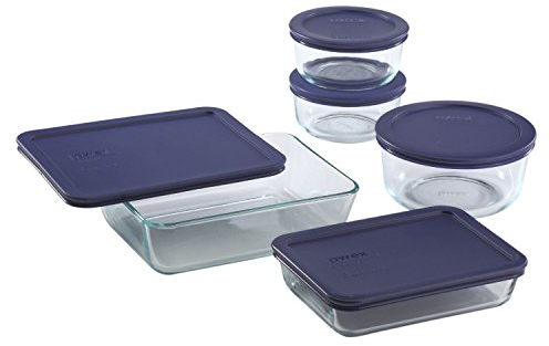 Pyrex Frischhalteset aus Glas, für 6, 3 und 4 Tassen, runde und rechteckige Behälter mit Deckel, BPA-frei, spülmaschinen- und mikrowellengeeignet, Blau, 10-teilig