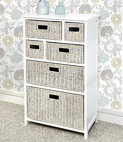 Tetbury Large White cabinet with 6 whitewash storage baskets, Solid hallway bathroom cabinet. Paneled sides and back. FULLY ASSEMBLED