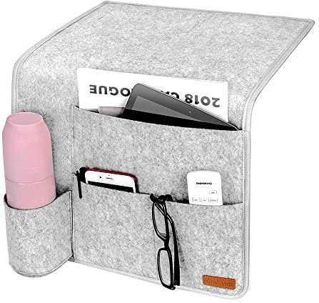 Simboom Nachttisch Tasche Filz Betttasche mit Flaschenhalter Anti-Rutsch Aufbewahrungstasche für Buch, Zeitschriften, iPad, Handy, Fernbedienung - Hellgrau