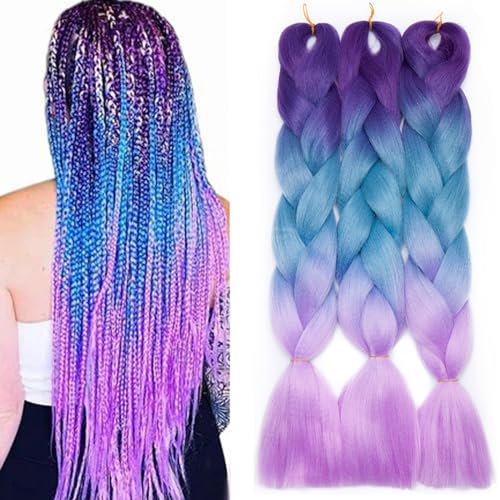 TESS Braids Extensions Blau 60 cm, Jumbo Braids Kunsthaar Zum Einflechten Box Braids Haarverlängerung Zopf 100g/Bündel Ombre Haar Braids Extension (1 Stück-Lila/Blau/Helllila)
