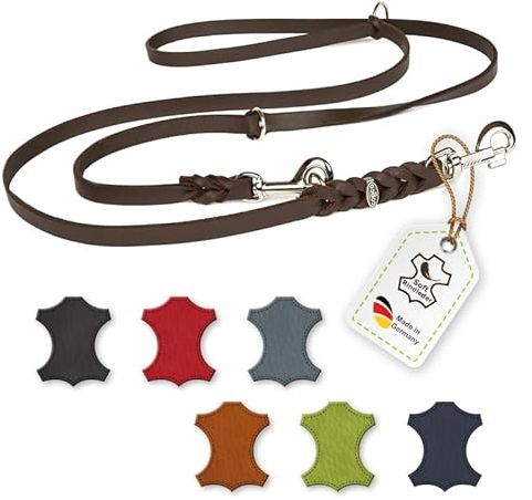 Hundeleine Leder 2m mittelgroße Hunde Fettlederleine [3-Fach Verstellbar] Lederleine geflochten – robuste Leine Hund mit Chrombeschlägen – Führleine Hund & Freihandleine – Dog Leash Braun 15mm