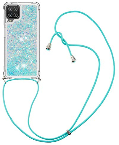 CaseLover Coque Collier pour Samsung Galaxy A12 5G, Ultra Mince Liquide Paillette Silicone TPU Premium Housse Étui de Téléphone avec Cordon Collier Tour de Cou Lanière pour Samsung A12, Bleu Argent