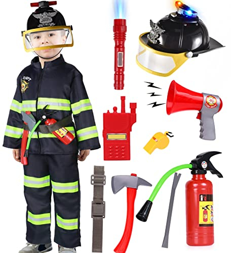 Tacobear Feuerwehrmann Kostüm Kinder Feuerwehr Rollenspiel Set mit Feuerlöscher Feuerwehrhelm Feuerwehrmann Spielzeug für Kinder Jungen Mädchen Karneval Halloween Fasching 3 4 5 6 7 8 9 Jahren