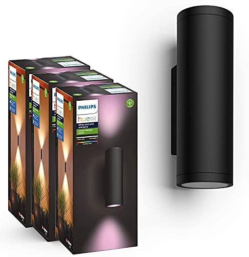 Philips Hue WACA EU wall lantern black 2x (Triple Pack) Applique extérieure ronde noire, fonctionne avec Alexa, Google Assistant et Apple Homekit