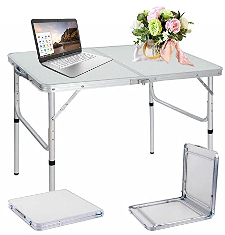 Folding Computer Desk PC Laptop Study Writing Table Workstation, Aluminium Portable Table Desk for Home Office Outdoor Use, No Install Needed, 90x60x67/37cm, White