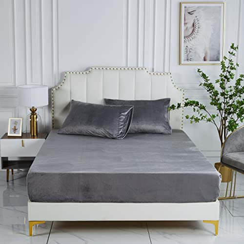 Damier Winter Spannbettlaken 90x200x30cm Grau Plüsch Bettlaken Flauschige Cashmere Touch Warme Spannbetttuch Geeignet für 30cm Matratze
