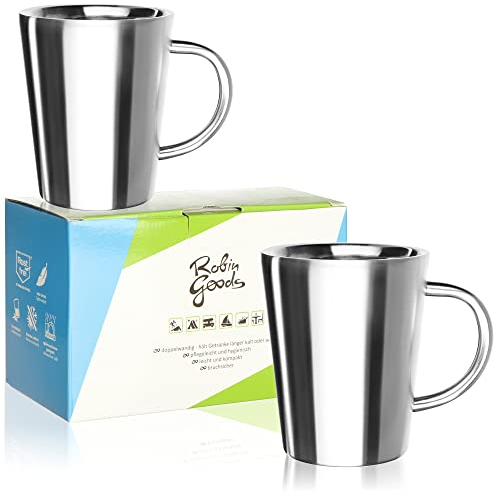 Robin Goods® 2x Edelstahlbecher - 350ml je Thermobecher - bruchsicherer Thermo-Trinkbecher - doppelwandige Isolierbecher (2 Stück - Trichterform)
