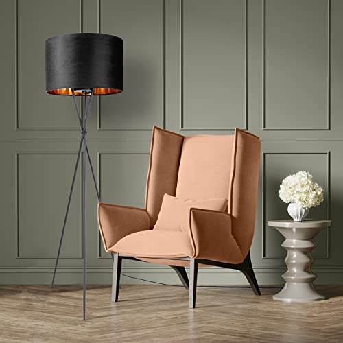 Paco Home Pendelleuchte Stehleuchte Dreibein Wohnzimmer Lampenschirm Velours Unifarben Deko Vintage Samt E27 Textilkabel, Farbe:Schwarz Gold (Ø45.5 cm), Leuchtenart/Farbe:Stehleuchte - Schwarz