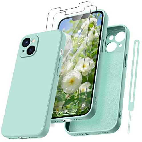 Qasyfanc Funda Compatible con iPhone 13, 2 Pack Cristal Templado y Protección de Cámara, Ultrafina Microfibra Suave TPU Silicona Anti-arañazos Carcas para iPhone 13 6.1 - Verde Menta