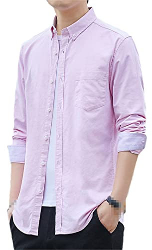 Niiyyjj Chemise décontractée en coton pour homme avec poche simple bouton, chemise à carreaux rayée pour homme, rose, L
