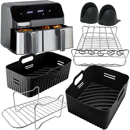 moleath Air Fryer Accessories Compatible for Lakeland 5L/3L, Tower T17099 5.2L/3.3L, Salter 5.5L/3.5L, Tefal 5.2L/3.1L Different Two Size Dual Airfryer, with Silicone Air Fryer Liners, Air Fryer Racks