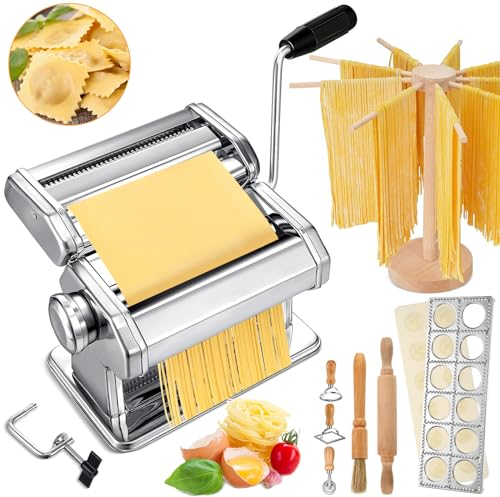 Hushee 8-teiliges Nudelmaschinen-Set inkl. Edelstahl-Nudelmaschine, Holz-Trockengestell, Ravioli-Stempel-Maschine, Schneider mit Nudelschneider-Rad, Mini-Nudelholz, Reinigungsbürste