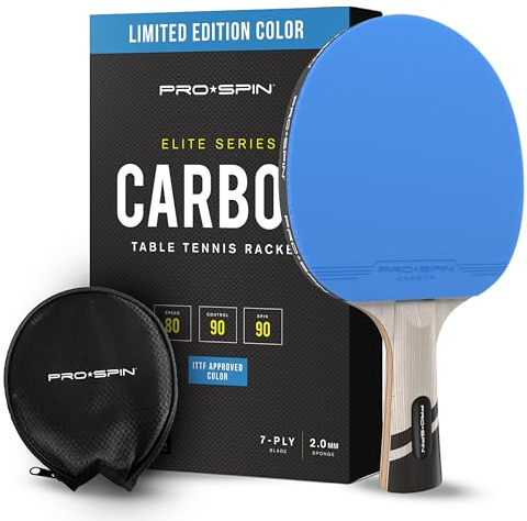 PRO SPIN Pala de Ping Pong con Fibra de Carbono | Edición Limitada Color Azul | Madera 7-ply, Goma Ofensiva, Esponja 2 mm | Mejora tu Juego con Las Palas de Ping Pong de Carbono Serie Elite