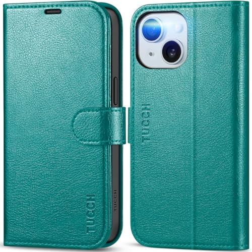 TUCCH Hülle für iPhone 15 5G, Handyhülle TPU [Kartenfächer], [Standfunktion] [RFID Blocker] Case, [Magnetverschluss] Stoßfeste Schutzhülle, Lederhülle Kompatibel mit iPhone 15 2023(6,1 Zoll), Cyan