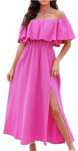 CUPSHE Vestidos de verano para mujer, acampanados, hombros descubiertos, con volantes, vestido largo con estampado tropical, Fucsia, M