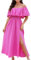 CUPSHE Dress for Women Summer A Shape Dresses Off Shoulder Sleeve Maxi Length Ruffle Fitted Waisted Tropical Printed Fuchsia M