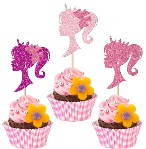 Xsstarmi 24 Pack Girl Theme Birthday Cupcake Toppers Pink Glitter Princess Doll Head Cupcake Toothpicks Girl Birthday Cake Decorations for Bridal Shower Birthday Party Decorations