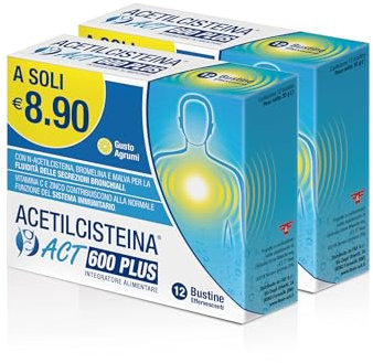 Acetilcisteina ACT 600 PLUS, Integratore Alimentare per Supportare la Salute Respiratoria con N-Acetilcisteina, Bromelina, Vitamina C, Zinco e Malva - 1 Confezione Bipack da 24 Bustine Effervescenti