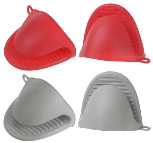 QUARKZMAN 2 Par Mini Silicona Horno Mitones 110x85x70mm Pequeños Calor Resistentes Goma Aire Freidora Guantes para Cocina y Hornear, Rojo Claro Gris