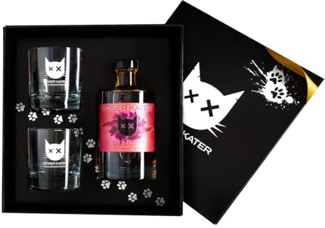 Böser Kater Waldbeeren-Eistee Gin Aperitif Geschenkset mit 2 Gläsern, für erfrischende Sommer Cocktails, das perfekte Gin Geschenk in hochwertiger Box, 0,5l 15,2% Vol.