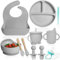 Bluet B Vajilla Infantil Silicona - Plato Bebe Ventosa Antideslizante sin BPA - Set Cubiertos BLW - Chupete Alimenticio - 11 Piezas (Gris)