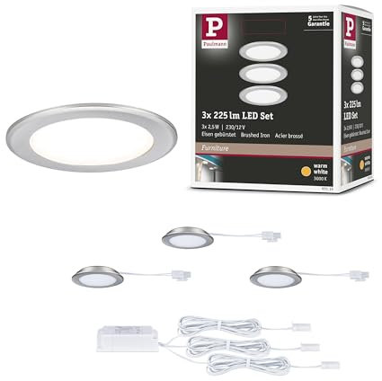 Paulmann 93116 LED Möbeleinbauleuchten 3er-Set 65mm 3x2,5W 3x180lm 230/12V 3000K Eisen gebürstet