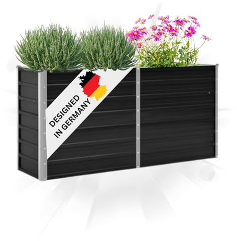 DELUKE® Hochbeet für Garten Oskar Anthrazit | 160x40x77cm | Verzinkter Stahl | Wetterfest | Hochbeet Metall Gartenbeet Kräuterbeet Blumenbeet Beet hoch Frühbeet für Garten Gemüsebeet