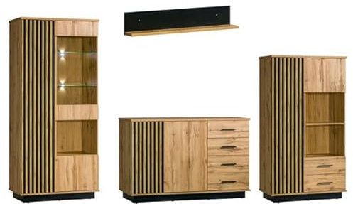 Feldmann Preiswert Wohnen Wohnwand Anbauwand Lamia 4tlg Highboard Vitrine Wotan Eiche schwarz