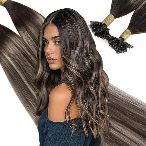 Ugeat U Tip Hair Extensions Real Human Hair 16Inch Nail Tip Fusion Hair Extensions Lightweight Pre Bonded Human Hair for Women 50G/50S Dark Brown Ombre Ash Blonde Balayage #4/18/4