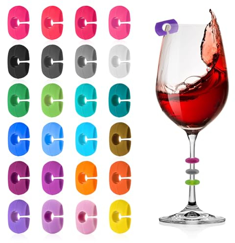 Qianyu 24 PCS Wine Glass Charms Markers Colorful Silicone Wine Glass Drink Markers Reusable Oval Shape Tags Decoration for Bar Party Weddings Birthday Cocktail Champagne Stem Glasses