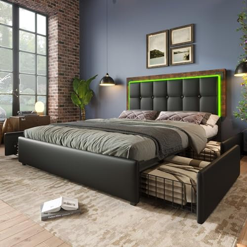Polsterbett Doppelbett 160x200, Bett mit 4 Schubladen&LED-Beleuchtungsleiste&Höhenverstellbarem Kopfteil&Lattenrost, Stauraumbett Funktionsbett Bettgestell Jugendbett, PU, Ohne Matratze, Schwarz