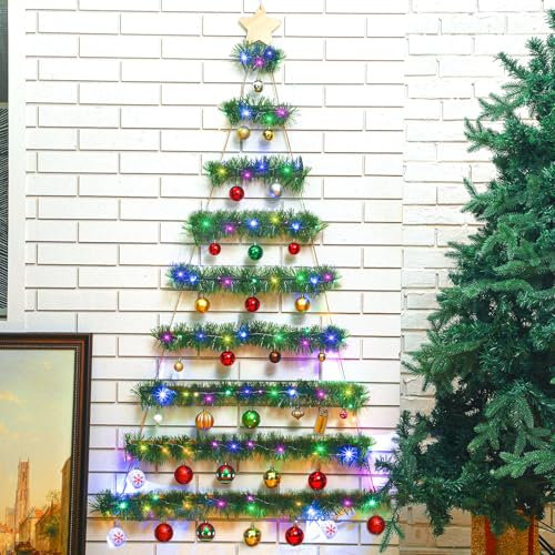 Alberi di Natale da appendere alla parete, 152 cm, scala in legno, decorazione natalizia da appendere alla parete, con 6 m di torsione metallica natalizia con luci a LED, ganci in metallo per feste